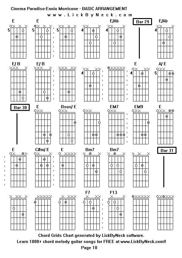 Chord Grids Chart of chord melody fingerstyle guitar song-Cinema Paradiso-Ennio Morricone - BASIC ARRANGEMENT,generated by LickByNeck software.